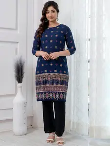 Mialo fashion Ethnic Motifs Printed Cotton A-Line Mirror Work Floral Kurta