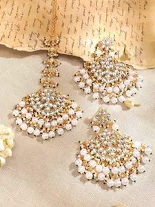 Rubans 22K Gold Plated Kundan Chandbali Earrings & Maang Tika Set With Pearl Beads