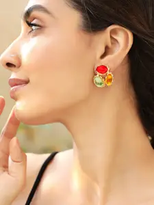 Rubans Voguish 18K Gold Plated Multicolor Oval Stud Earring with Red Green & Amber Stones