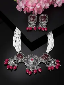 ADIVA Silver-Plated Stones-Studded & Beaded Necklace & Earrings