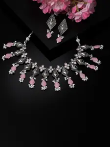 ADIVA Silver-Plated Stones Studded & Beads Beaded Oxidised Necklace With Earrings