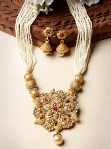 ADIVA Gold-Plated Artificial-Stones Studded & Beaded Necklace And Earrings