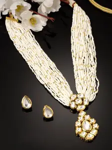 ADIVA Gold-Plated Kundan-Stones Studded & Beaded Necklace And Earrings