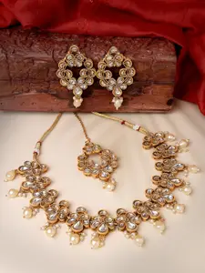 ADIVA Gold-Plated Kundan-Studded & Beaded Necklace & Earrings and Maang Tika