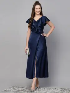 Selvia Flutter Sleeves Satin Wrap Maxi Dress