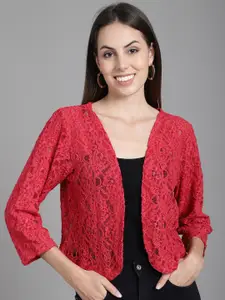 Dressitude Self Design Three-Quarter Sleeves Open Front Crop Shrug