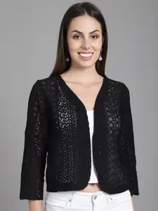 Dressitude Self Design Three-Quarter Sleeves Cotton Open Front Crop Shrug