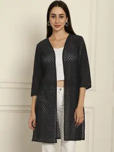 Dressitude Self Design Longline Cotton Open Front Shrug