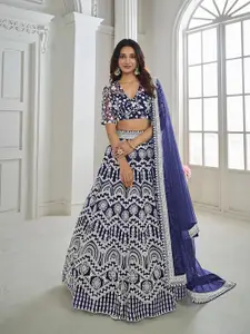 Inddus Navy Blue Embroidered Net Semi-Stitched Lehenga & Unstitched Blouse With Dupatta