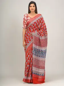 KIAARON Ethnic Motifs Printed Zari Cotton Saree