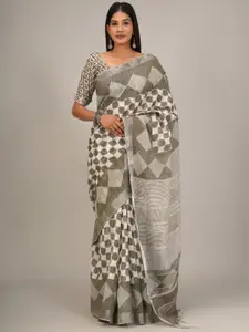 KIAARON Geometric Printed Zari Handloom Cotton Saree