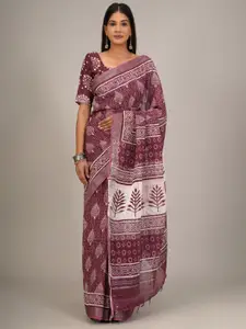 KIAARON Ethnic Motifs Zari Linen Blend Block Print Saree