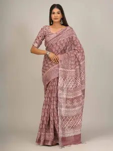 KIAARON Ethnic Motifs Zari Block Printed Saree
