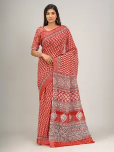 KIAARON Floral Zari Block Printed Saree