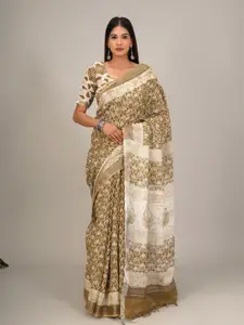 KIAARON Floral Zari Block Printed Saree