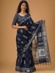 KIAARON Floral Zari Block Printed Saree