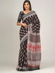 KIAARON Ethnic Motifs Printed Zari Cotton Ikat Saree