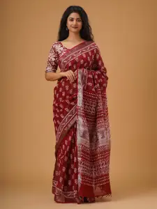 KIAARON Ethnic Motifs Printed Zari Cotton Ikat Saree