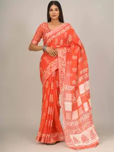 JALTHER Ethnic Motifs Printed Zari Block Print Saree