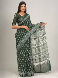 JALTHER Ethnic Motifs Printed Zari Block Print Saree