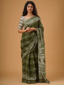 JALTHER Ethnic Motifs Zari Block Print Saree