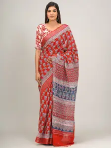 JALTHER Ethnic Motifs Zari Block Print Saree