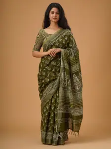 JALTHER Ethnic Motifs Zari Block Print Saree