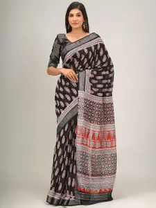 JALTHER Ethnic Motifs Zari Block Print Saree