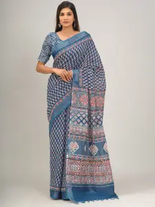 JALTHER Ethnic Motifs Zari Block Print Saree