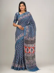 JALTHER Ethnic Motifs Zari Block Print Saree
