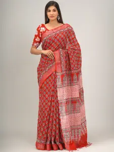 JALTHER Ethnic Motifs Zari Block Print Saree