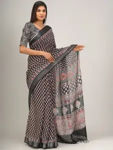 JALTHER Ethnic Motifs Zari Block Print Saree