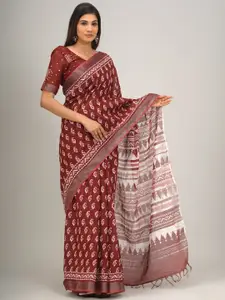 JALTHER Ethnic Motifs Zari Block Print Saree