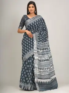 JALTHER Ethnic Motifs Zari Block Print Saree