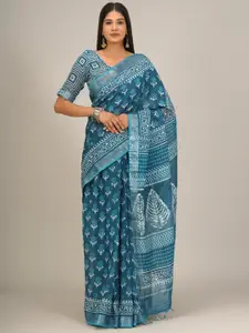 JALTHER Ethnic Motifs Zari Block Print Saree