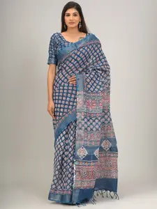 JALTHER Ethnic Motifs Zari Block Print Saree