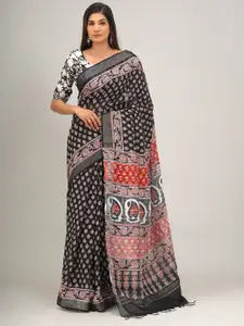 JALTHER Ethnic Motifs Block Printed Zari Cotton Linen Saree