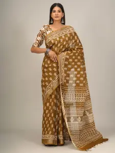 JALTHER Ethnic Motifs Zari Linen Blend Block Print Saree