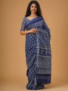 JALTHER Ethnic Motifs Block Printed Zari Cotton Linen Saree