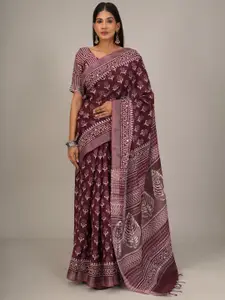 JALTHER Ethnic Motifs Block Printed Zari Cotton Linen Saree