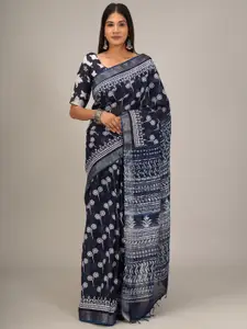 JALTHER Ethnic Motifs Block Printed Zari Cotton Linen Saree