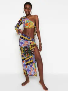 Trendyol Printed One Shoulder Top With High Slit Ruched Skirt