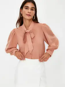 Trendyol Tie Up Collar Long Puff Sleeves Casual Shirt