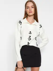 Trendyol Floral Self Design Shirt Collar Pullover Sweater