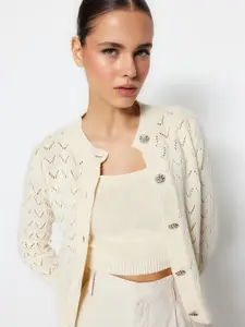 Trendyol Open Knit Self Design Stand Collar Acrylic Cardigan Sweater With Top