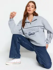 Trendyol Typography Printed Mock Collar Pullover Sweatshirt