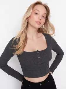 Trendyol Ribbed Square Neck Long Sleeves Crop Fitted Top