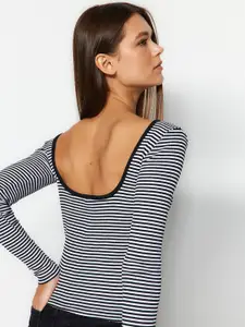 Trendyol Horizontal Striped Boat Neck Net Fitted Top