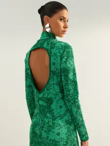 Trendyol Abstract Print High Neck Sheath Midi Dress