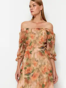 Trendyol Floral Printed Off-Shoulder Puff Sleeves Fit & Flare Midi Dress